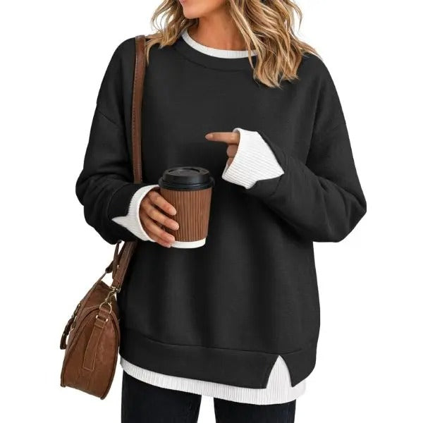 Women's Fake Two-Piece Layered Hoodie Oversized Drop Shoulder Air Layer Pullover Casual Crew Neck Patchwork Sweatshirt