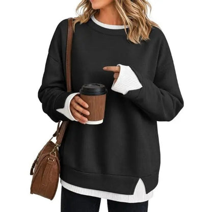 Women's Fake Two-Piece Layered Hoodie Oversized Drop Shoulder Air Layer Pullover Casual Crew Neck Patchwork Sweatshirt