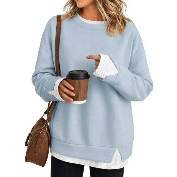 Women's Fake Two-Piece Layered Hoodie Oversized Drop Shoulder Air Layer Pullover Casual Crew Neck Patchwork Sweatshirt