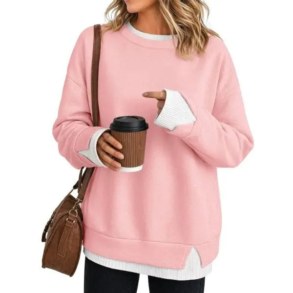 Women's Fake Two-Piece Layered Hoodie Oversized Drop Shoulder Air Layer Pullover Casual Crew Neck Patchwork Sweatshirt