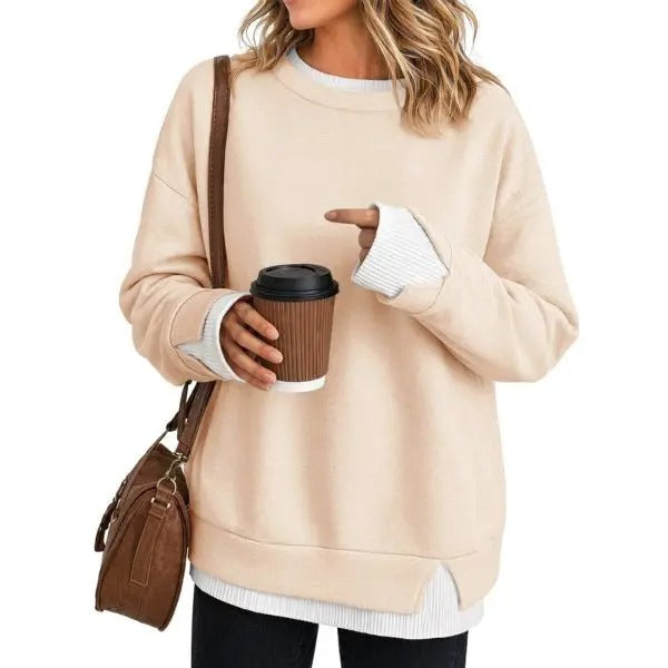 Women's Fake Two-Piece Layered Hoodie Oversized Drop Shoulder Air Layer Pullover Casual Crew Neck Patchwork Sweatshirt
