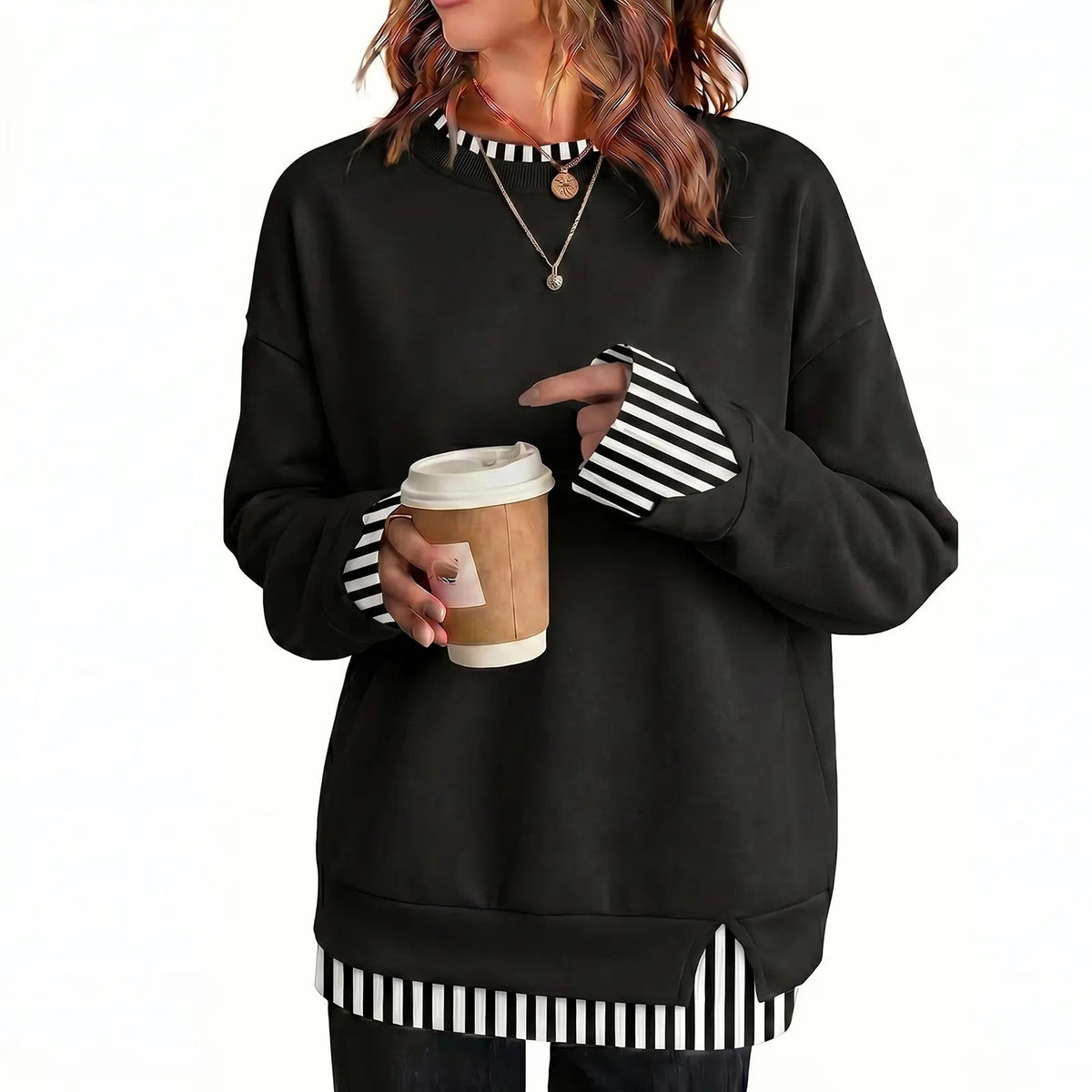 Women's Fake Two-Piece Layered Hoodie Oversized Drop Shoulder Air Layer Pullover Casual Crew Neck Patchwork Sweatshirt