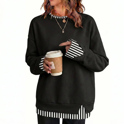 Women's Fake Two-Piece Layered Hoodie Oversized Drop Shoulder Air Layer Pullover Casual Crew Neck Patchwork Sweatshirt
