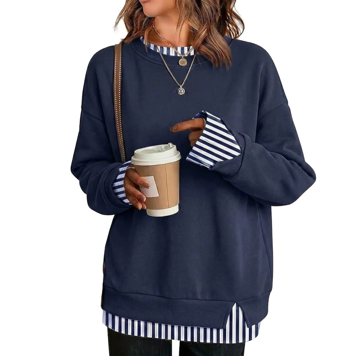 Women's Fake Two-Piece Layered Hoodie Oversized Drop Shoulder Air Layer Pullover Casual Crew Neck Patchwork Sweatshirt