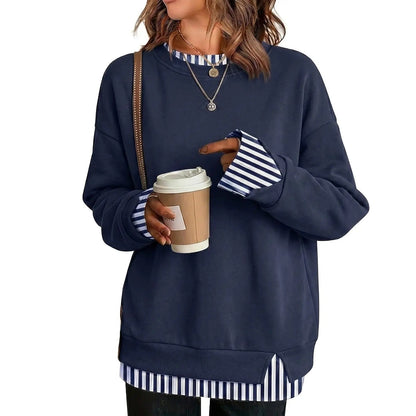 Women's Fake Two-Piece Layered Hoodie Oversized Drop Shoulder Air Layer Pullover Casual Crew Neck Patchwork Sweatshirt