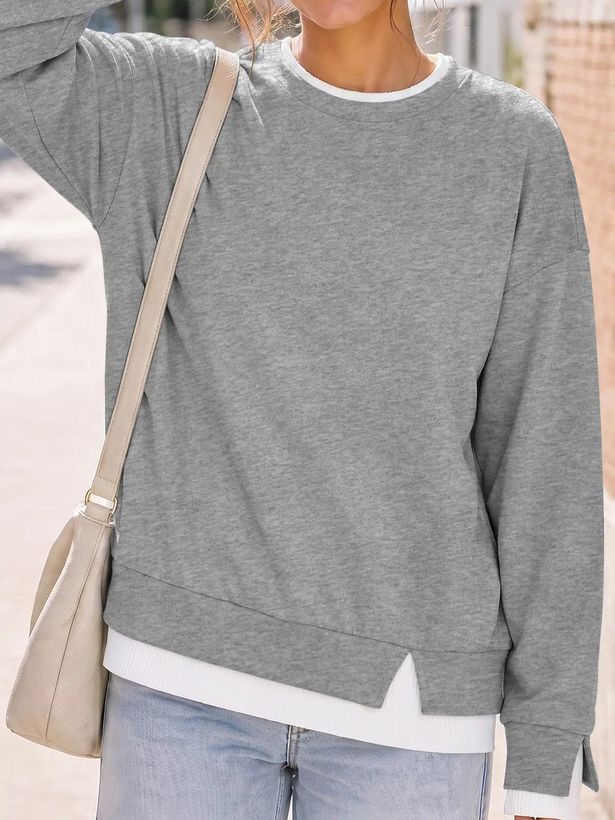 Women's Fake Two-Piece Layered Hoodie Oversized Drop Shoulder Air Layer Pullover Casual Crew Neck Patchwork Sweatshirt