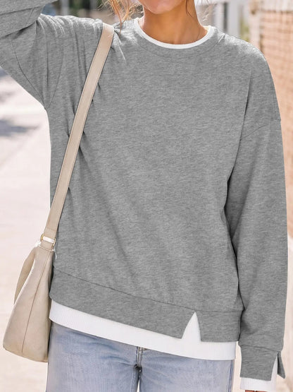 Women's Fake Two-Piece Layered Hoodie Oversized Drop Shoulder Air Layer Pullover Casual Crew Neck Patchwork Sweatshirt