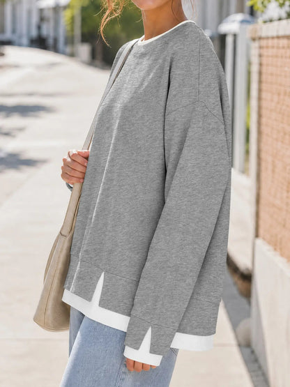 Women's Fake Two-Piece Layered Hoodie Oversized Drop Shoulder Air Layer Pullover Casual Crew Neck Patchwork Sweatshirt