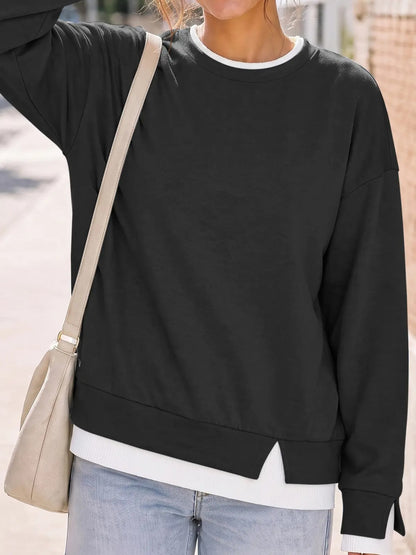Women's Fake Two-Piece Layered Hoodie Oversized Drop Shoulder Air Layer Pullover Casual Crew Neck Patchwork Sweatshirt