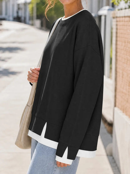 Women's Fake Two-Piece Layered Hoodie Oversized Drop Shoulder Air Layer Pullover Casual Crew Neck Patchwork Sweatshirt