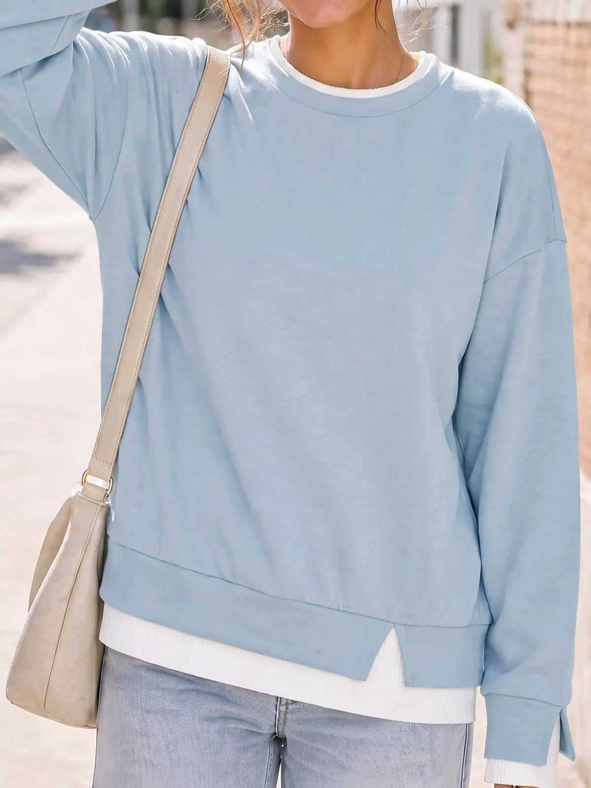Women's Fake Two-Piece Layered Hoodie Oversized Drop Shoulder Air Layer Pullover Casual Crew Neck Patchwork Sweatshirt